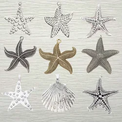 3 x Antique Gold/Silver Color Large Starfish Sea Star Charms Pendants for Necklace Jewelry Making Accessories