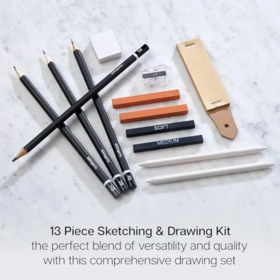 13-Piece Sketching and Drawing Set Complete Artist Kit with Graphite, Charcoal and Pastel Pencils, Blending Tools and Eraser in