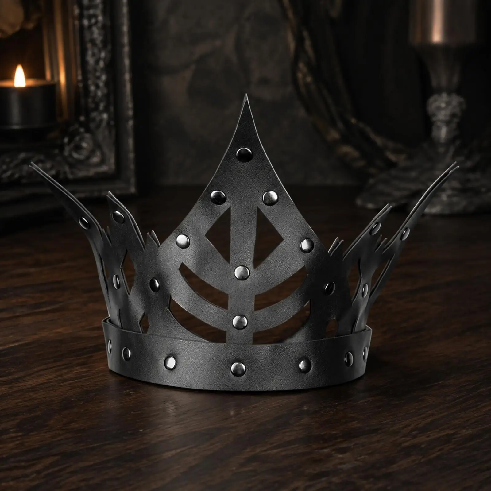 Punk Gothic Crown Headpiece for Adult Costume PU Leather Black Rivet Accent for Dance Party Nightlife Wear