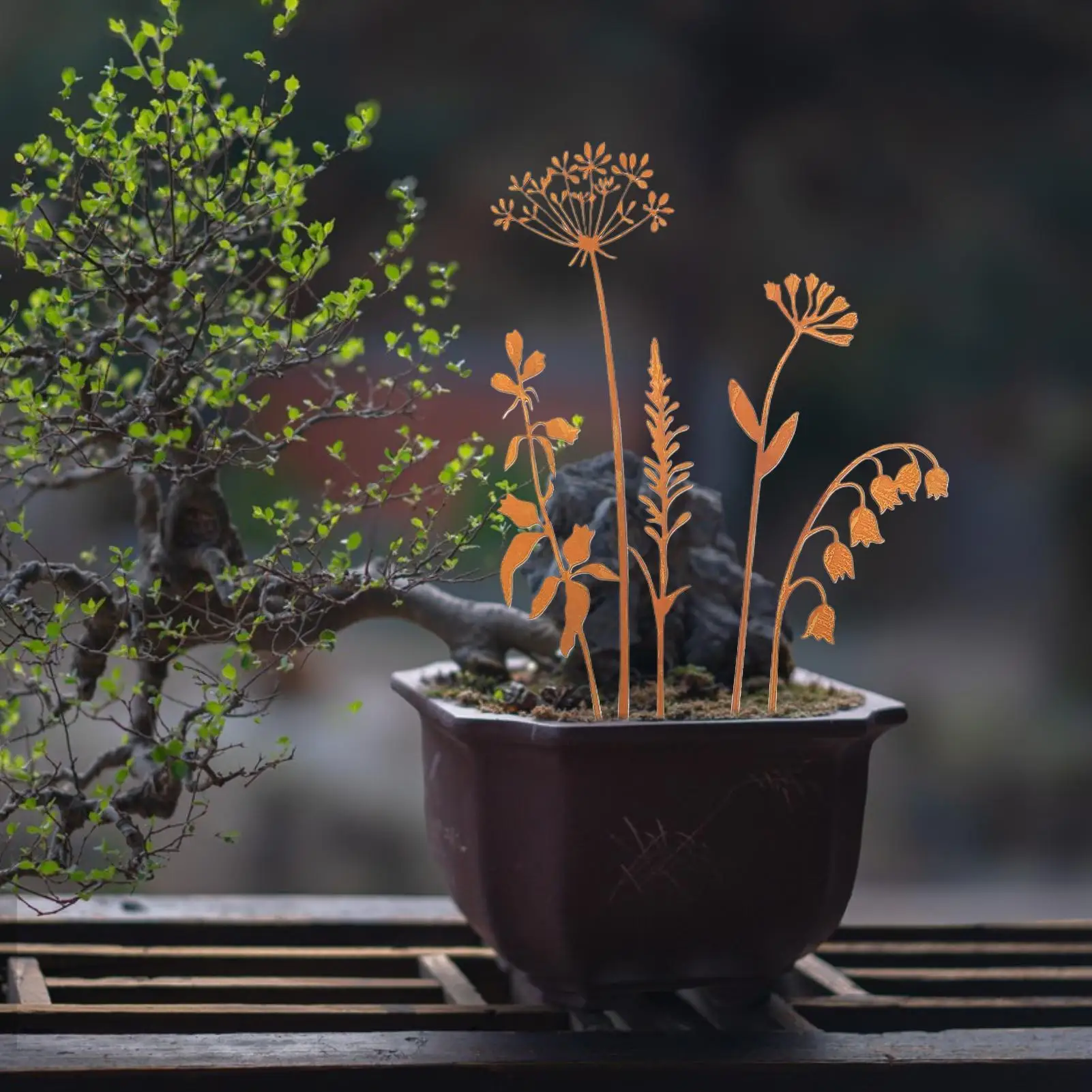 5 unids/set de flores de Metal oxidadas, ramos de flores silvestres, arte de jardín oxidado, pilas de flores silvestres, estacas decorativas para plantas, decoraciones para el hogar