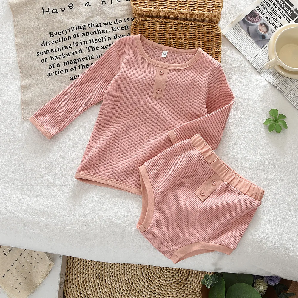 Korean Version Soft and Comfortable new Spring and Autumn 1-2Y Baby Girl Casual Suit Solid color long sleeved top+Shorts Set