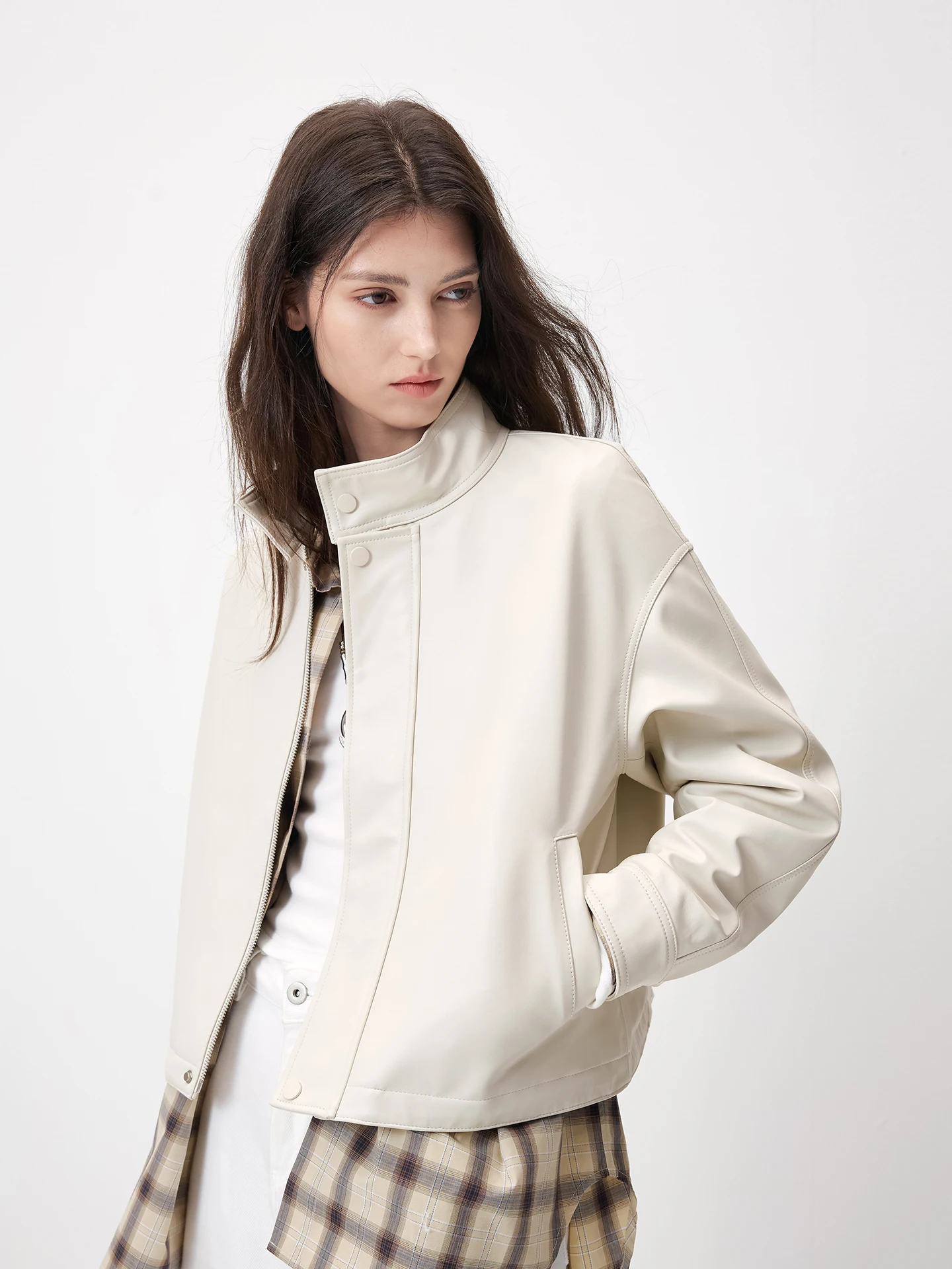 

Kele Genuine Leather Stand Collar White Jaet Women's New Sle eepskin Leather Coat Commute Sle Long Sve Zipper Closure