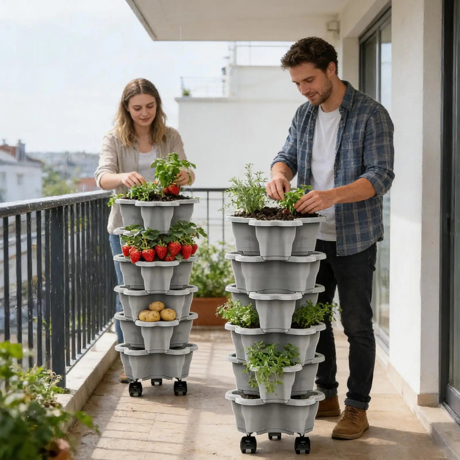 6-Tier Stackable Plant pot Tower, Vertical Garden Planter with Wheels Space Saving Garden Towers for Indoor Outdoor Vegetables