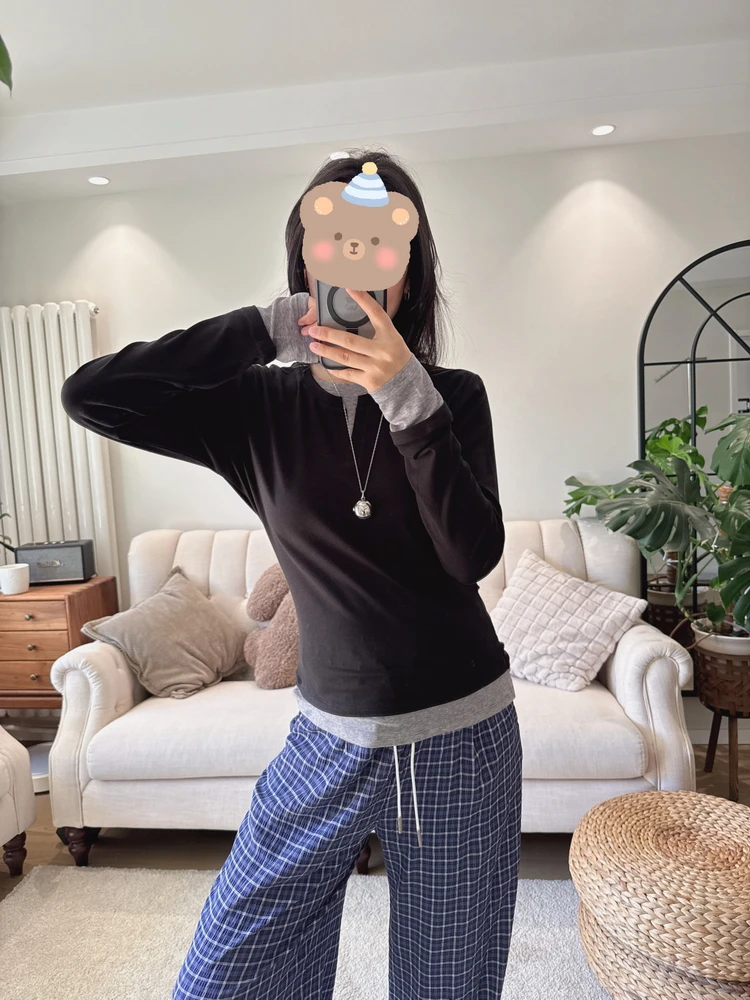 

Футболка YN с длинным рукавом, приталенная, с круглым вырезом, из шерсти и лиоцелла, эластичная, с цветными блоками, вязаная, влагоотводящая, весенняя