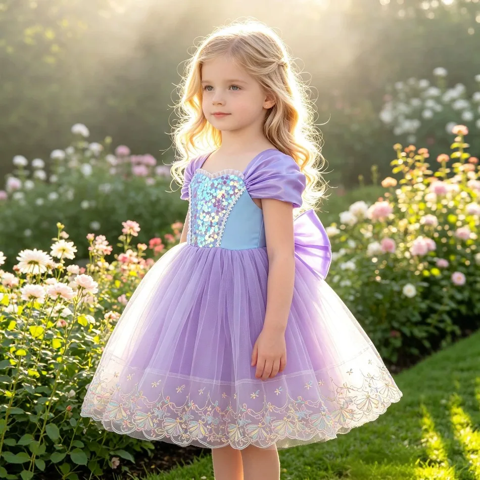Girls Purple Sequin Princess Dress Puff Short Sleeve Embroidery Hem Tulle Tutu Gown Kid Summer Birthday Banquet Party Dress ZD36