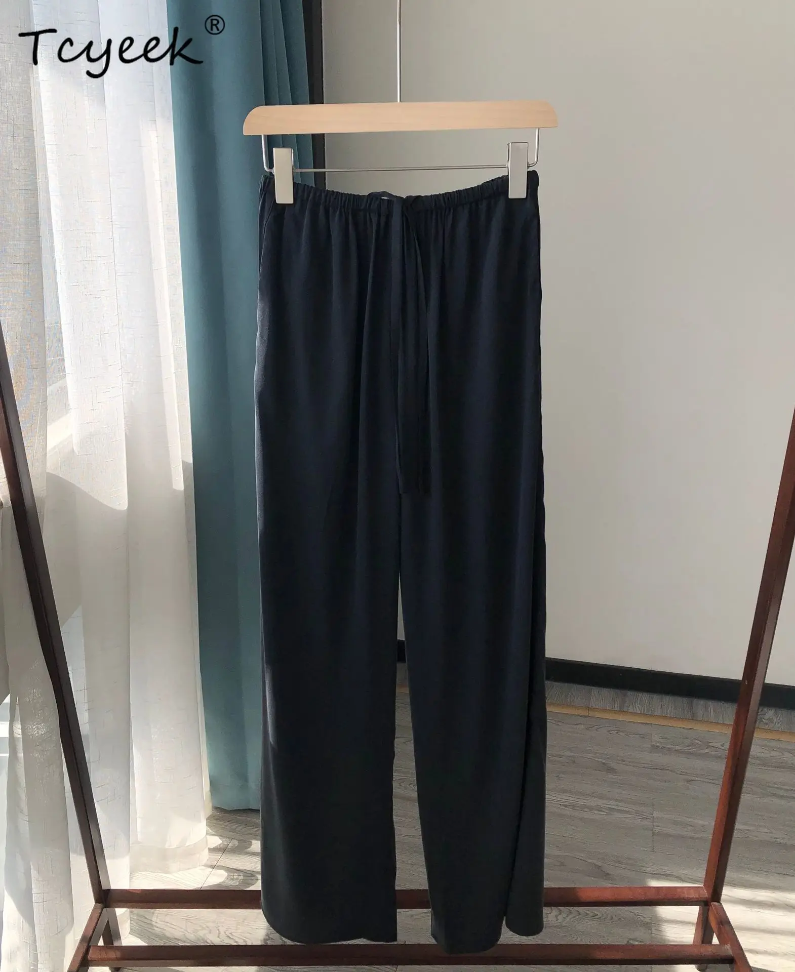 

Tcyeek, элегантные брюки из 95% натурального шелка 19 мм, женские однотонные брюки со средней талией, свободные прямые брюки в стиле ретро, новинка лета 2024 B455134QM