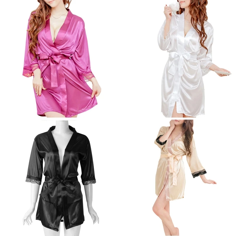 

Women's Short Kimono V-Neck Bathrobe Plain Dressing Gown Bridal Party Robe Drop Shipping