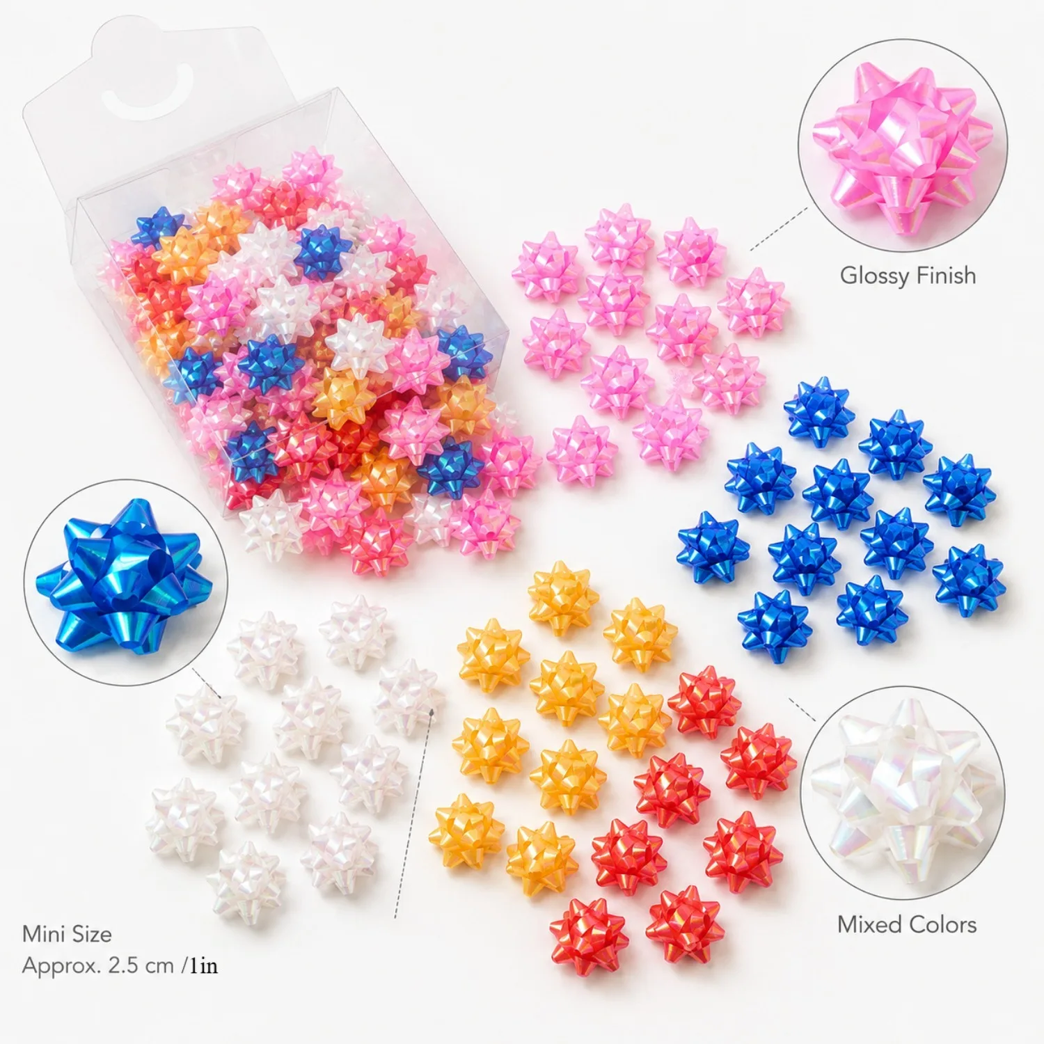 100/200Pcs Mini Self-Adhesive Gift Bows 1inch Iridescent Star Bows Assorted Colors for Christmas Birthday Wedding Gift Wrapping