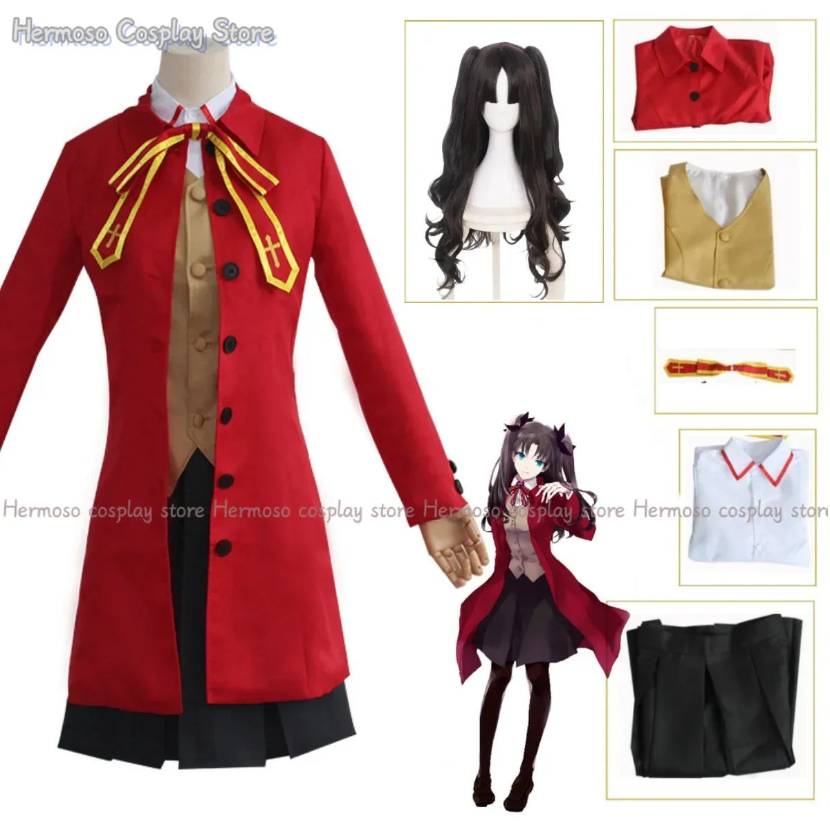 

Аниме Fate Stay Night Tohsaka Rin школьная форма костюмы для косплея парик девушка женщина красное пальто Jk платье женские костюмы на Хэллоуин