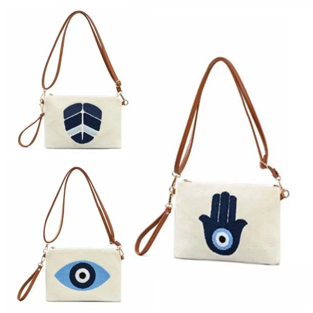 Embroidered Demon Eye Crossbody Bag Detachable Shoulder Strap PU Rope Blue Eye Handbag Soft Palm Pattern Cotton Shoulder Bag