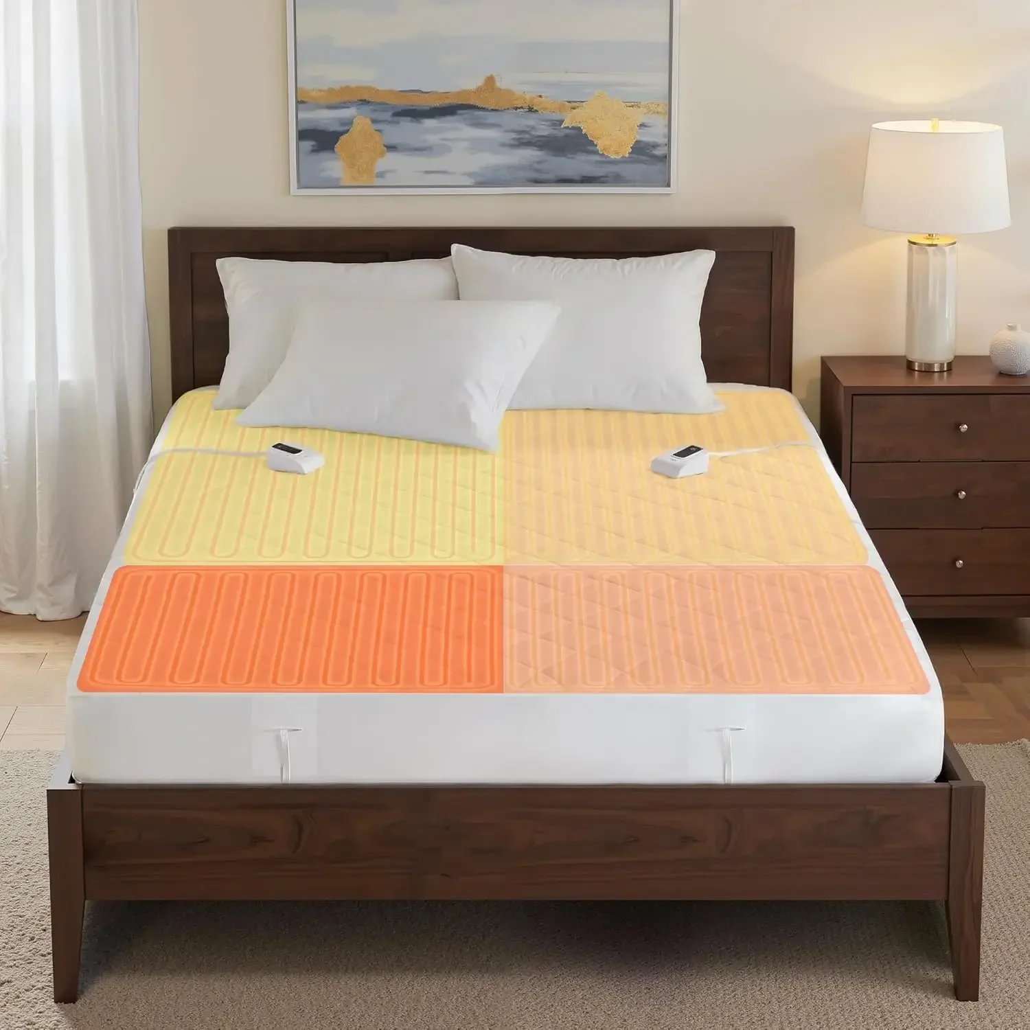 

Multi-Zone Heated Mattress Pad – Dual Controllers for Personalized Body & Foot Warmth, 10 Heat Settings, Auto Shut-Off, Soft Mic