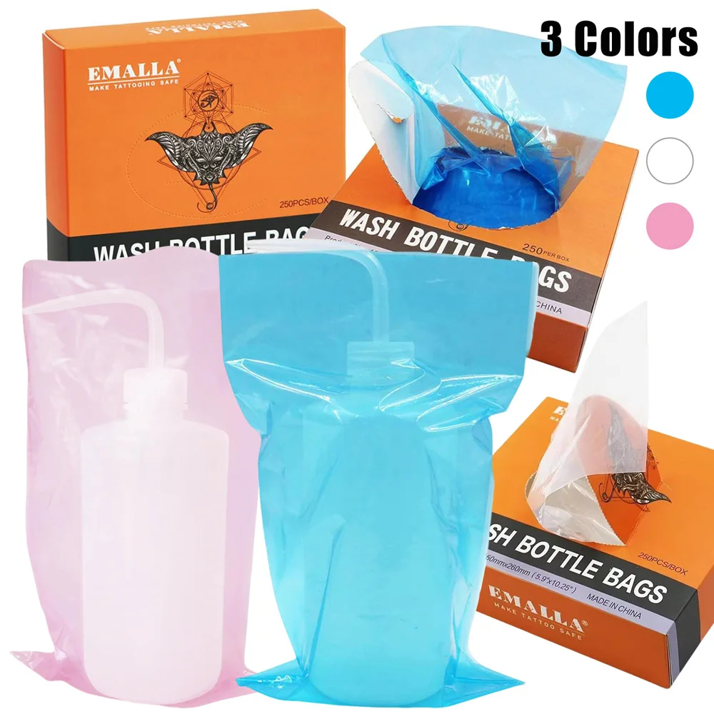 250pcs Tattoo Wash Bottle Bags Disposable Blue White Pink Spray Squeeze Bottle Covers for Tattoo Cleaning Tattoo Accessories