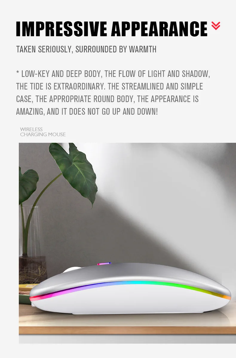Mouse Wireless Ricaricabile RGB – Ultrasottile, Bluetooth 5.0 + 2.4 GHz, 3 DPI, Clic Silenzioso, Adatto A Destri E Mancini!