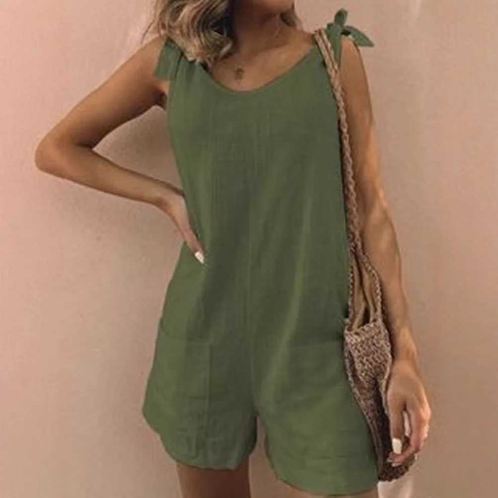 Jumpsuit Tali Kasual Berenda Warna Solid Celana Lurus Linen Katun Wanita Romper Celana Pendek Longgar Pakaian Jalanan Keseluruhan Bib