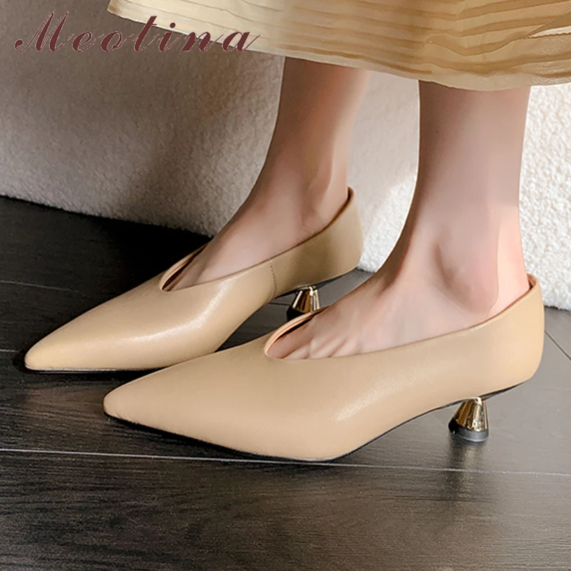 

Meotina Women Genuine Leather Pumps Pointed Toe Block Mid Heels Concise Ladies Fashion Career Shoes Spring Autumn Black Apricot