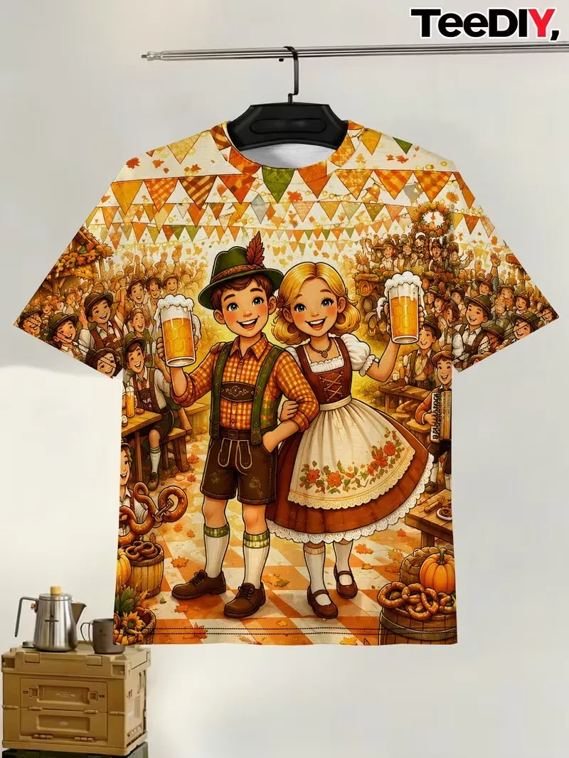 Men Oktoberfest T‑Shirt Simulated Lederhosen Costume Checkered Plaid Print Short Sleeve German Bavarian Festival Tee shirt