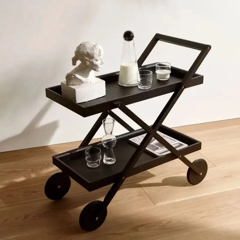 Solid wood moving side table, trolley, living room sofa double-layer hand push dining side car