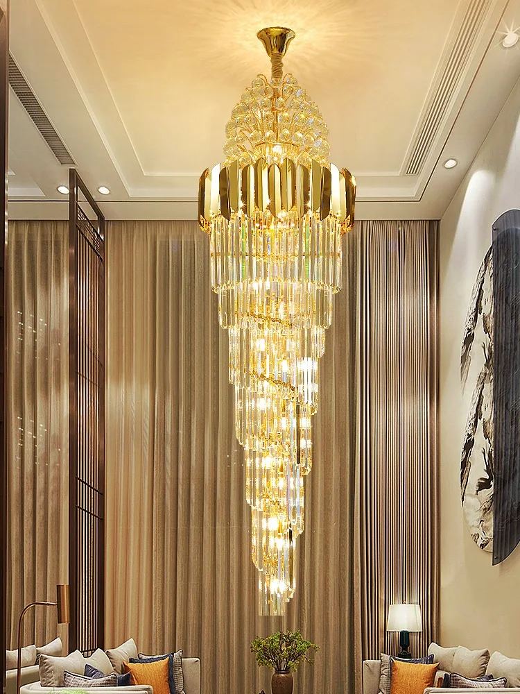 Luxurious And Exquisite Interior Hall Stairwell Golden Chandelier Modern Hotel Lobby Clean Crystal Ball LED Long Chandelier