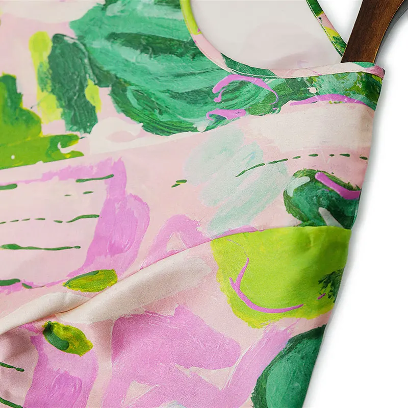 BirdTree-Silk Elegant T-Shirt, O Neck Short Sleeve Graffiti Printed, Women Breathable Casual Loose Top, 2025 Winter New T5N032CC