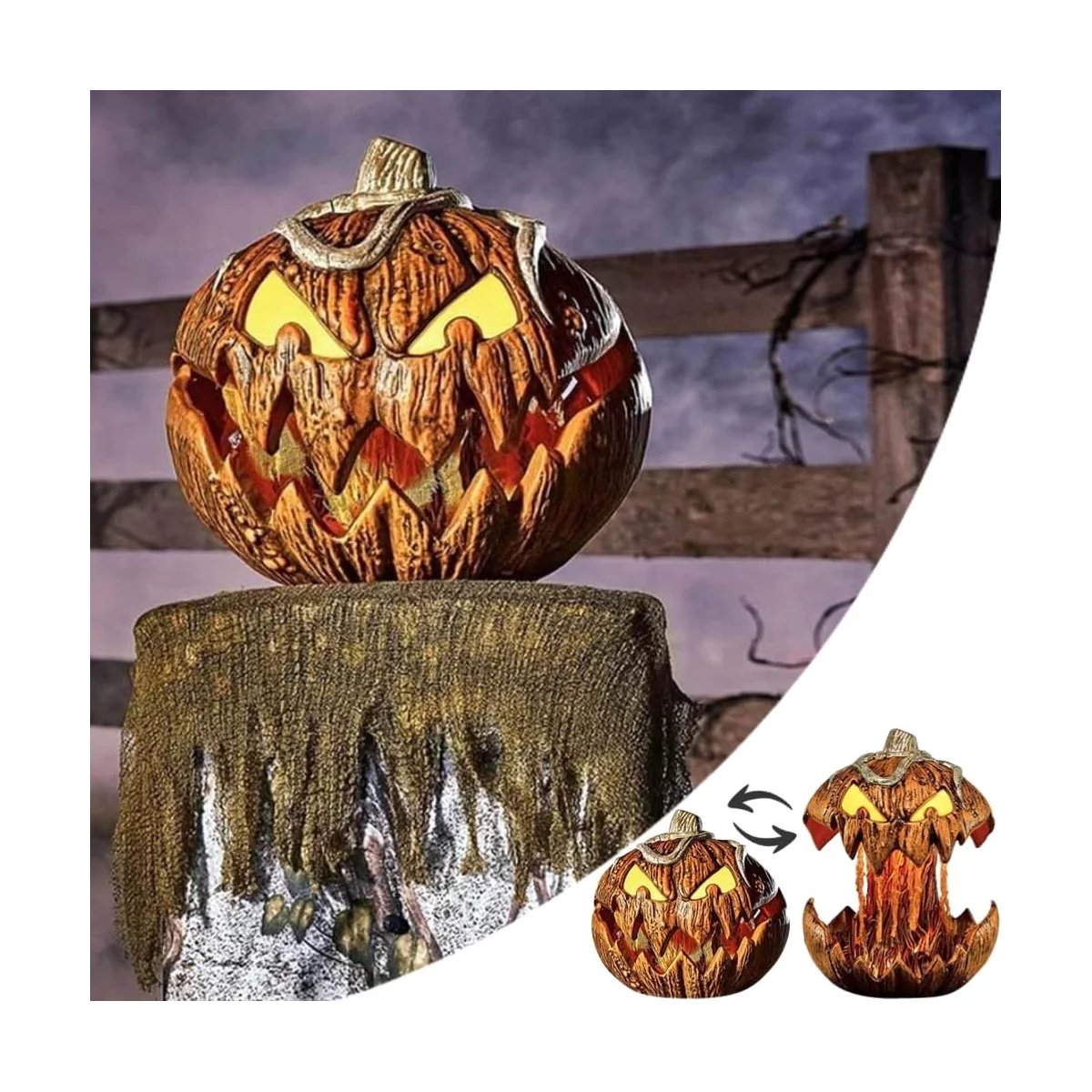 Scary Extendable Jack-O-Lantern Halloween Decor, Talking Pumpkin with Glowing Eyes, Retractable Mouth, Horror Sound