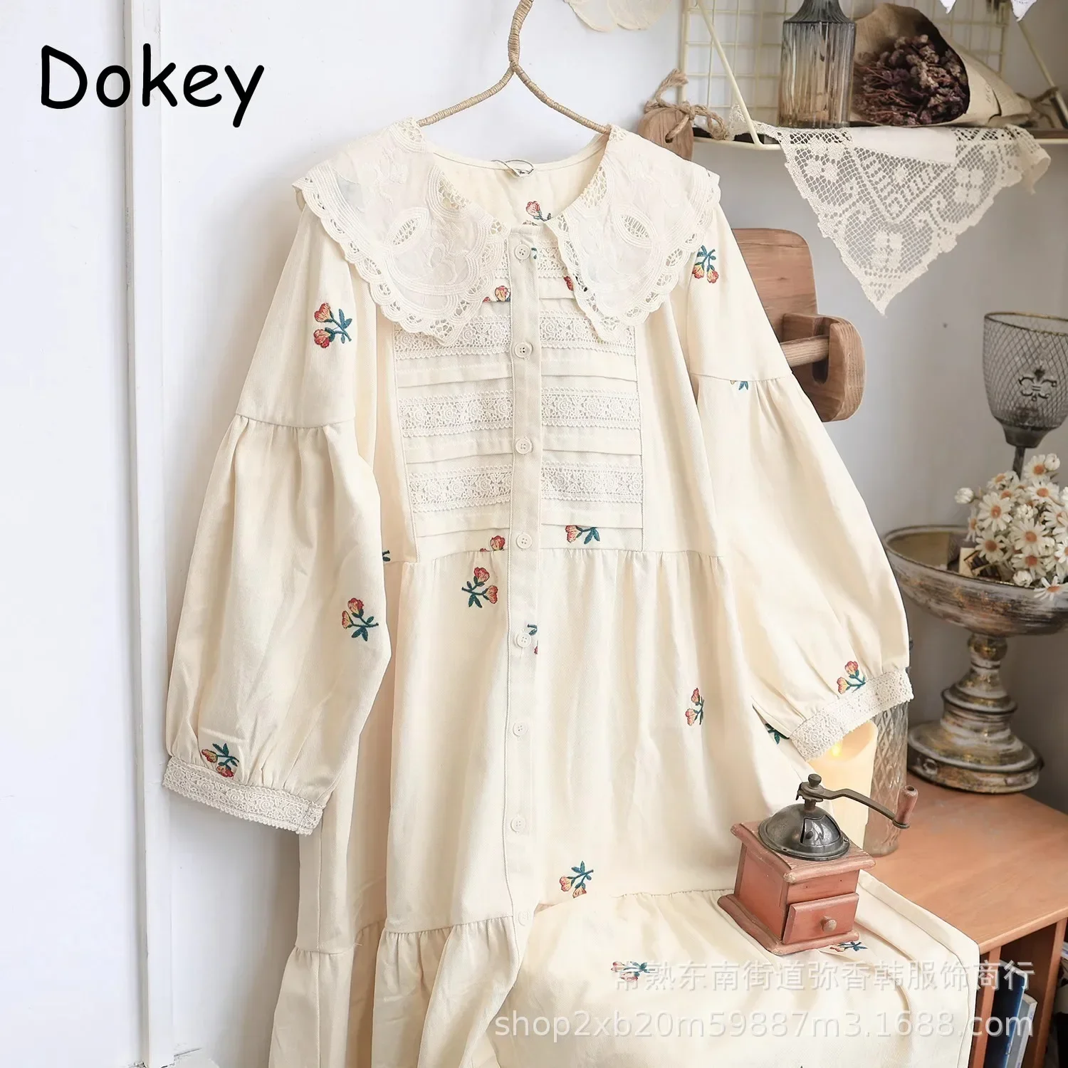 Vintage Embroidery Flower Cotton Dress Women Japanese Peter Pan Collar Single-breasted Long Sleeve Dress Loose Mori Girl Vestido