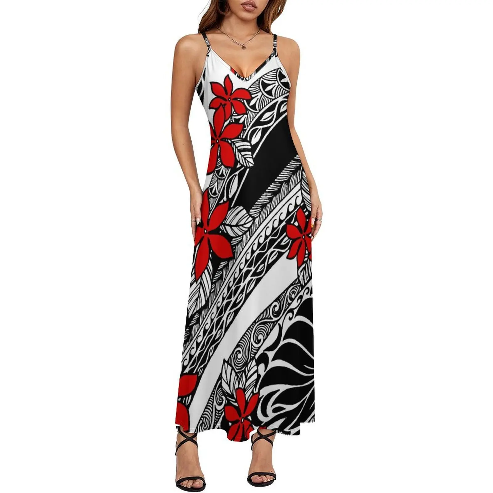 Polinezyjska sukienka damska z kwiatowym wzorem, na lato, luźna, z dekoltem typu halter, długa sukienka na zamówienie, wzór 2025, nowość.