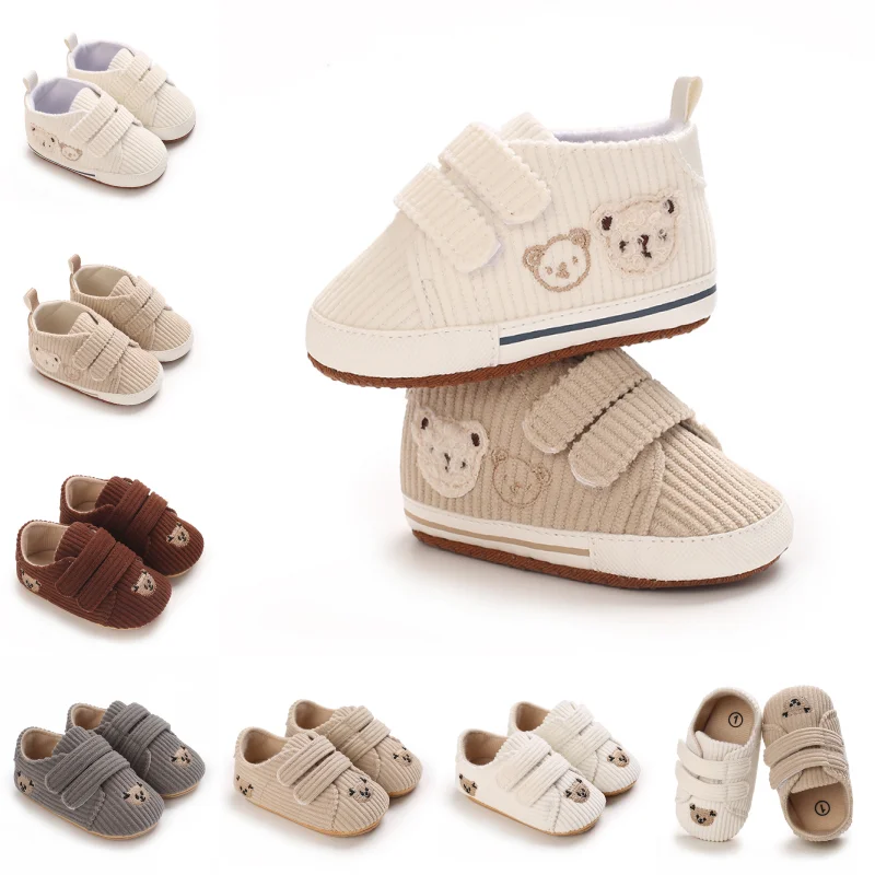 0-18M Baby Boys Girls Bear Embroidered Sneakers, Infant Pre-Walker Shoes Soft Sole Corduroy Casual Baby Footwear