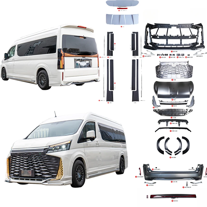 High Quality 2024+ Hiace Retrofit Body Kit Front Rear Bumper Side Skirt Headlight Taillight Exterior Upgrade Parts