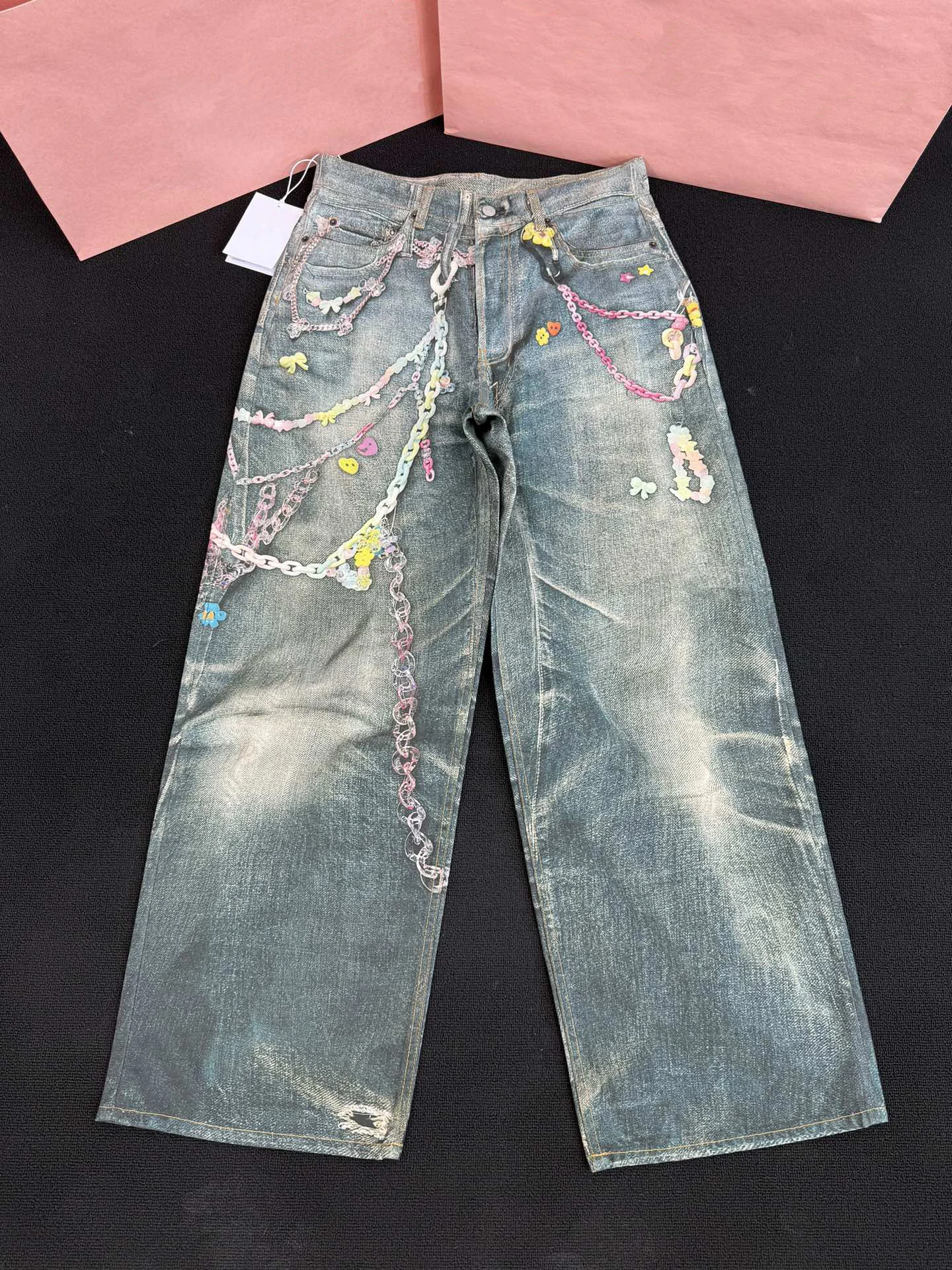 

Heavyweight 3D Digital Print Chain Denim Jeans Women's Summer Casual High Waist Wide Leg Pants Glittery Casual Style Jeans