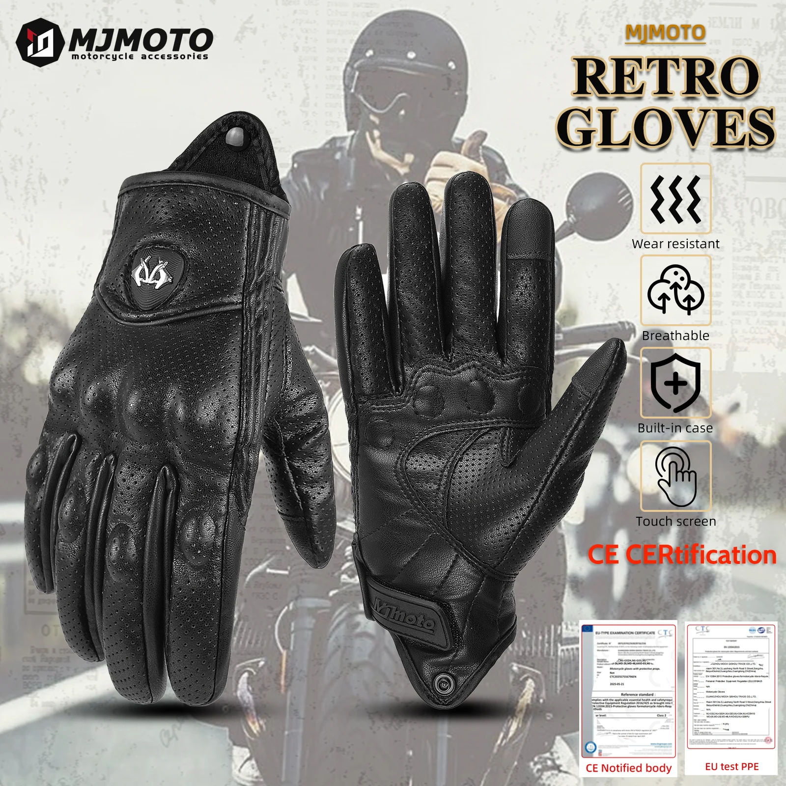 

Summer Retro Black Perforated Leather Motorcycle Gloves Men Women Full Finger Motocross Biker Glove Guantes Moto Equipment S-XXL