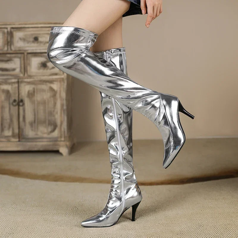 Women Thigh High Boots Silver Gold Club Show Party Lady High Spike Heel Winter Plush Zipper Pointed Toe Sexy Over the Knee Boots