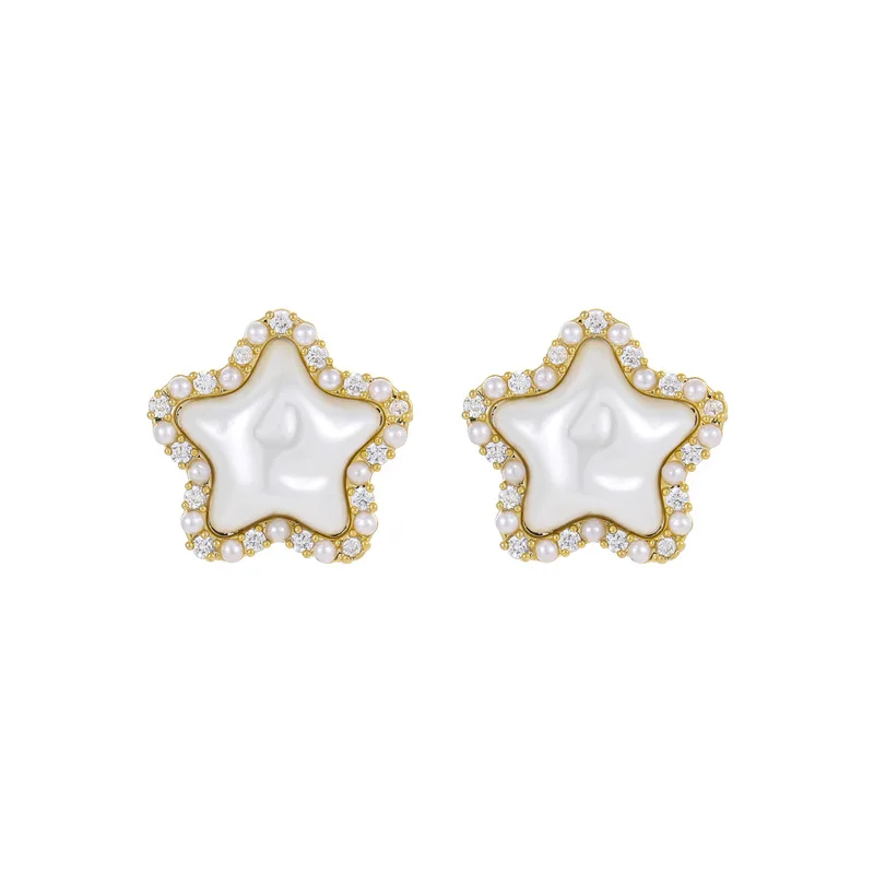 New five-pointed star micro-set zirconia pearl earrings - elegant and distinctive women's ear studs, fashionable jewelry pieces