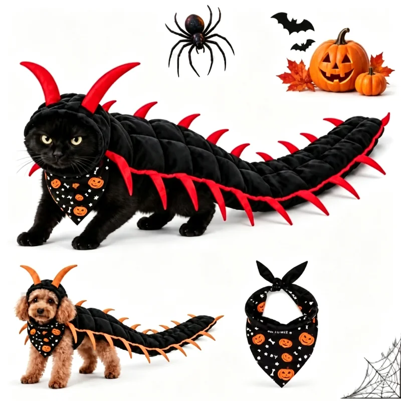 Centipede Pet Costume Halloween Simulation Long Segmented Funny Outfit Adjustable Kittens Festival Cosplay Apparel Jumpsuit Fun