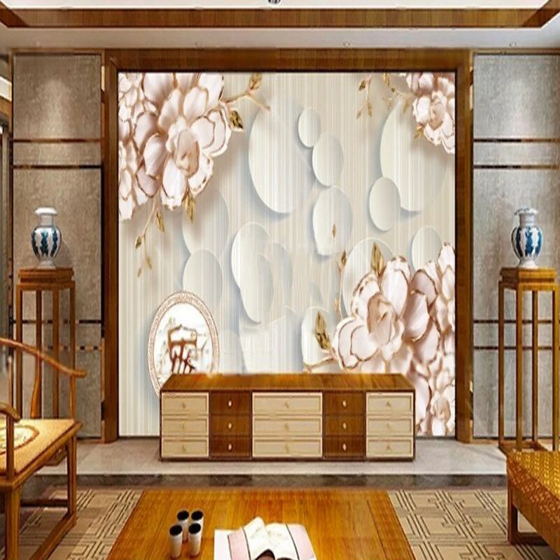 

Modern creative 3D Chinese-style peony in full bloom luxurious TV luxurious home decoration bedroom carved background wall