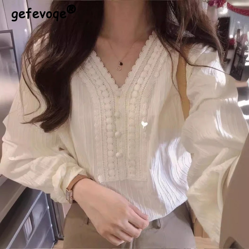 Women\'s Spring Autumn Fashion Lace Patchwork Blouse Vintage White V Neck Long Sleeve Shirt Casual Loose Chic Tops Female Blusas