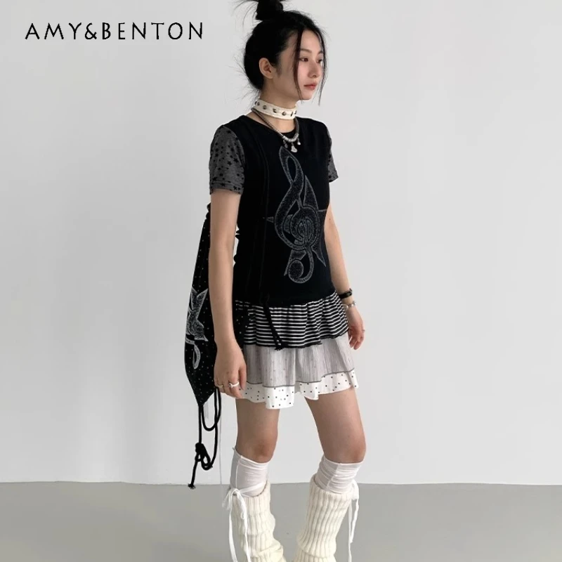 

American Retro Black White Splicing Polka Dot Striped Women's Skirt 2025 Summer New Sweet Cute Cake Pleated A-line Skirts Ladies