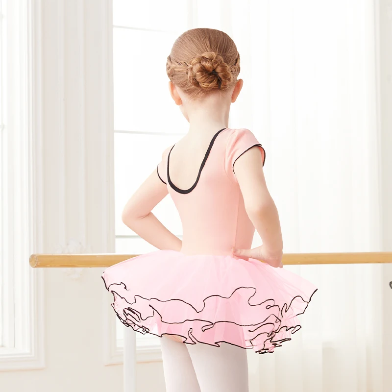 Girls Pink Ballet Leotard with Tutu Short Sleeve Dance Bodysuit for Toddler Girls Cotton Ballerina Wear