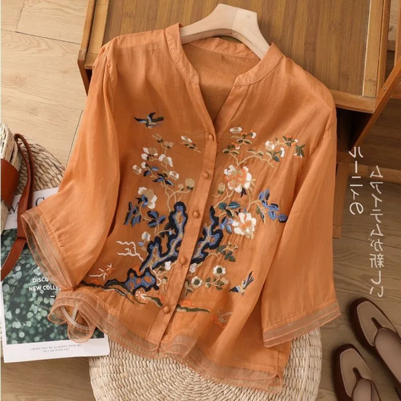 

Luxury Embroidery Vintage Shirts Summer Women's Clothing Trends Tops Casual Cardigan Loose Short Coat Patchwork Buttons Blouses