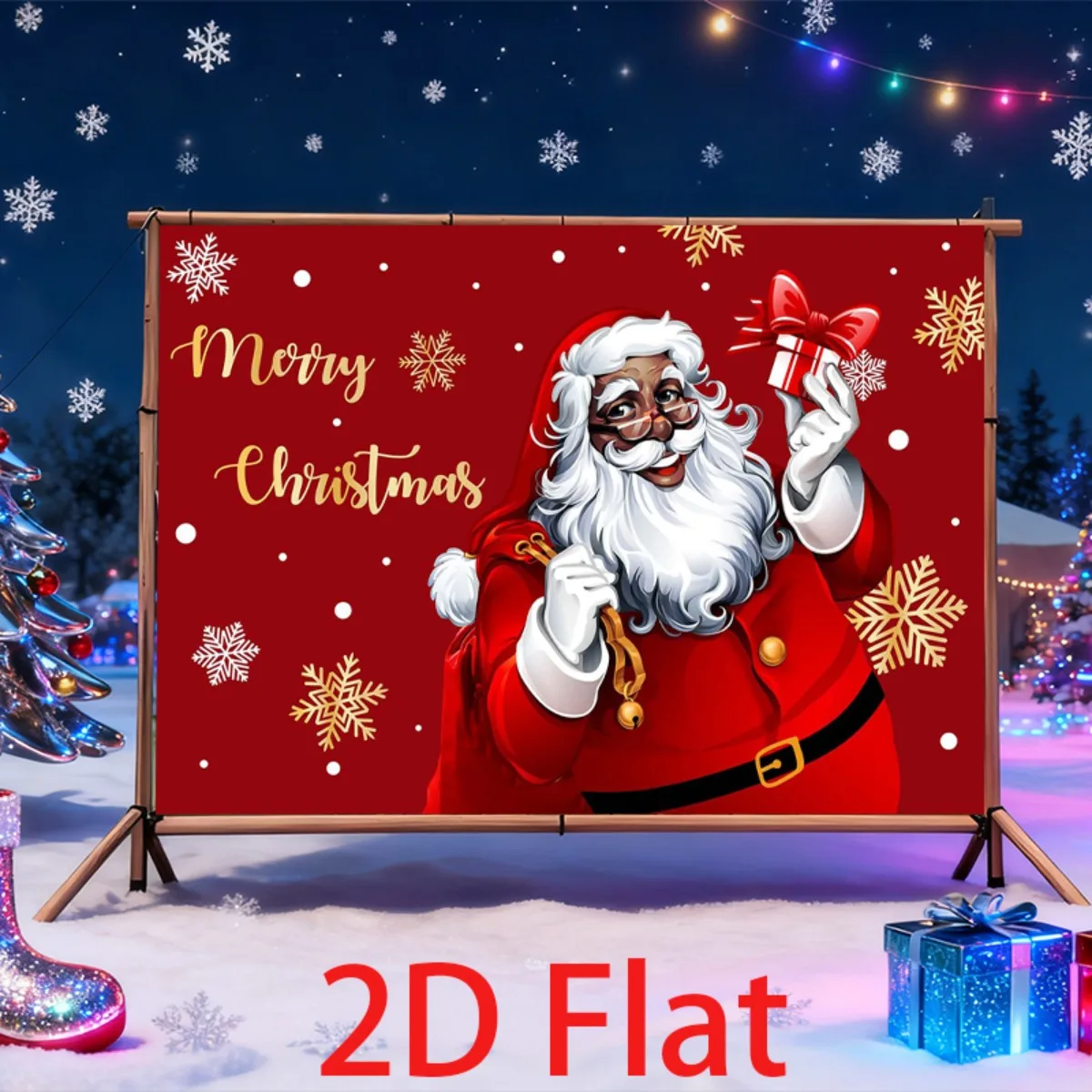 خطة ثنائية الأبعاد، لافتة عيد الميلاد الأمريكية الأفريقية سانتا كلوز - تصميم أحمر وندفة الثلج