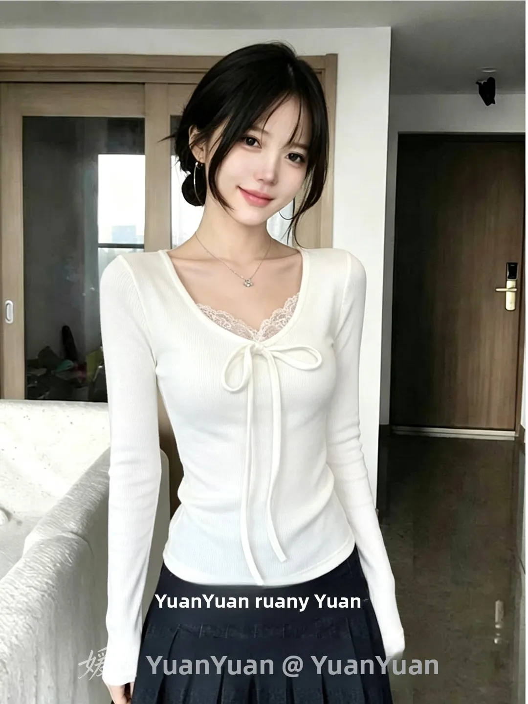Slimming Effect Lace Patchwork  Knot Long Sleeve V-Neck Top Women's Base Shirt T-Shirt Spring Autumn New Style