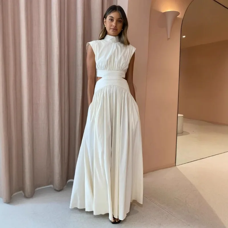 Sexy Frauen Lose Urlaub Strand Kleid Elegante Ärmellose Stehkragen Aushöhlen Geraffte Plissee A-linie Maxi Kleid für Geburtstag