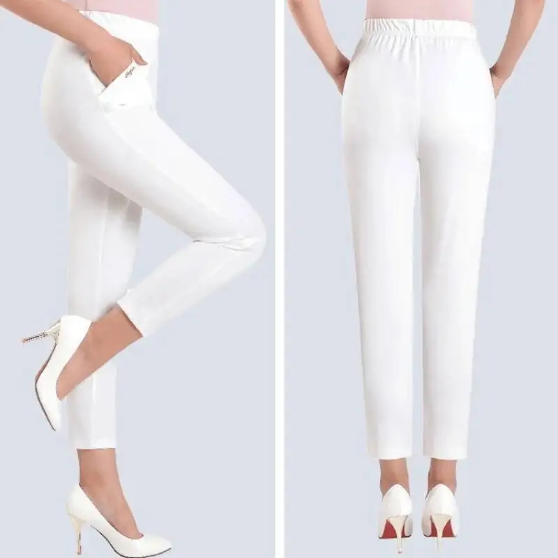 2025 Summer Pants Women Cropped Pant Casual Elastic High Waist Trousers Pockets Stretch Skinny Pant Office Female Clothes