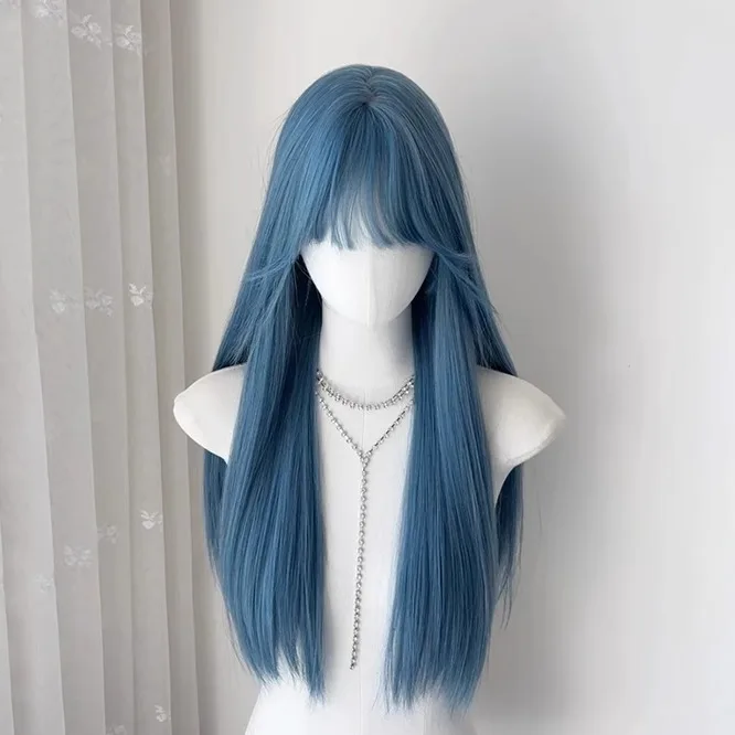 女性用フリンジ付きロングブルー合成ウィッグ,ロリータ,耐熱ヘア,コスプレ,クリスマス,ナチュラル