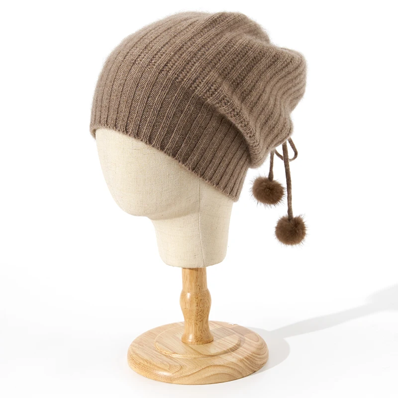 100%Cashmere Knitted Beanies Hat With Adjust Drawstring Fur Ball Dual-Use Soft Warm Neck Warmer Korea Fashion Fake Collar Winter