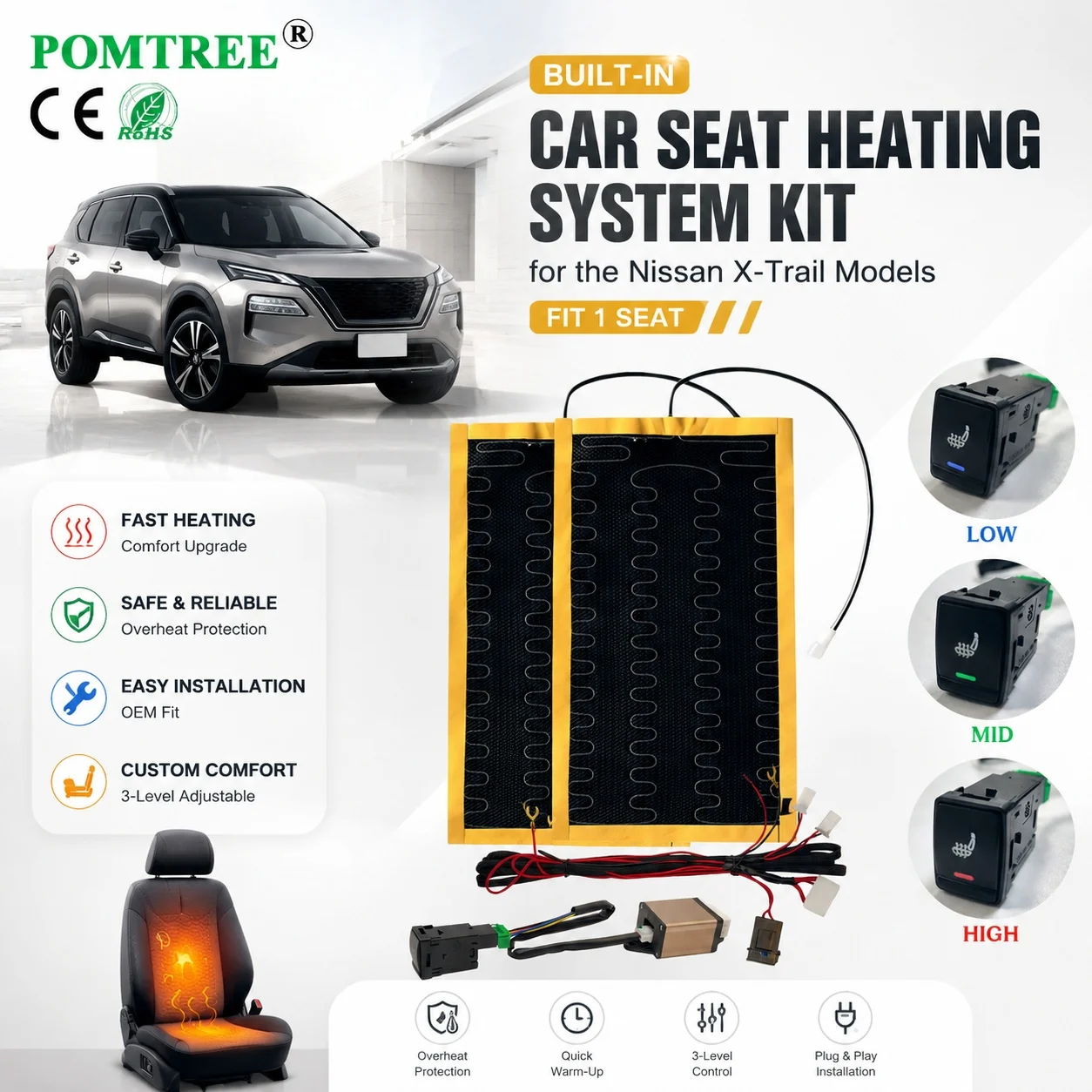 Built-in Car Seat Heating System Kit Fit 1 Seats,Compatible With Nissan X-Trail Series,Includ Special Switch,Suitable For Winter