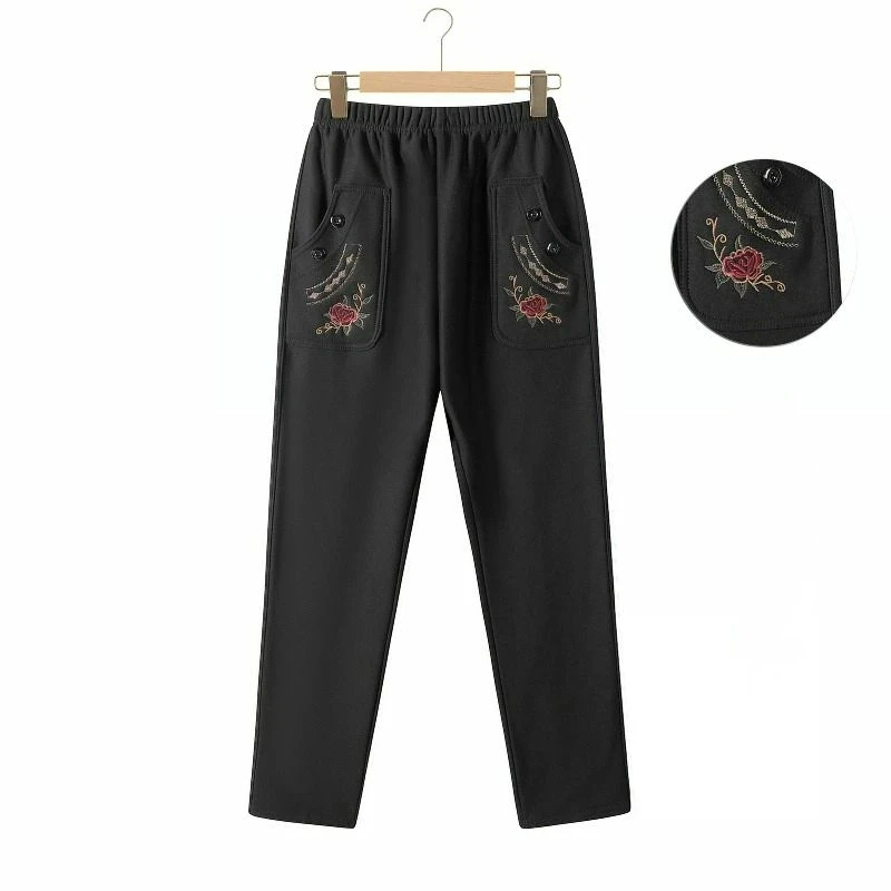 Middle Aged and Elderly Women Embroidered Loose Pants, High Waisted Straight Leg Pants, Spring Embroidered Mother Pants