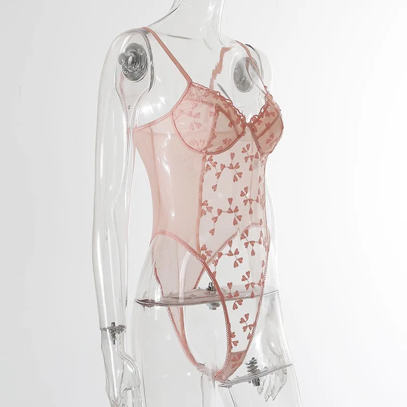 Conjunto de lencería Sexy para mujer, ropa de dormir, sujetador, camiseta sin mangas, bordado de gasa roja rosa, ropa interior Sexy de encaje con cuello Halter, pelele, ropa para el hogar