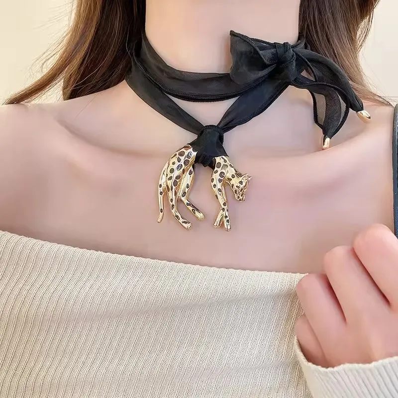 Leopard Print Scarf Necklace with Detachable Pendant for Women