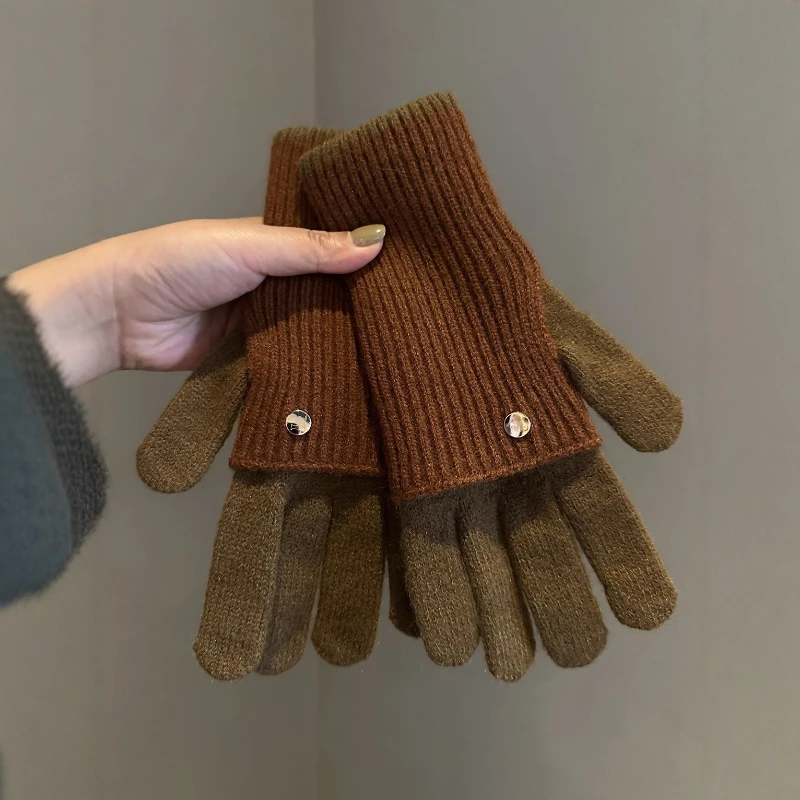 Touchscreen Knit Gloves with Separated Fingers Women Winter Melamine Two-Purpose Color-Block Glove Female Warm Riding Mitten