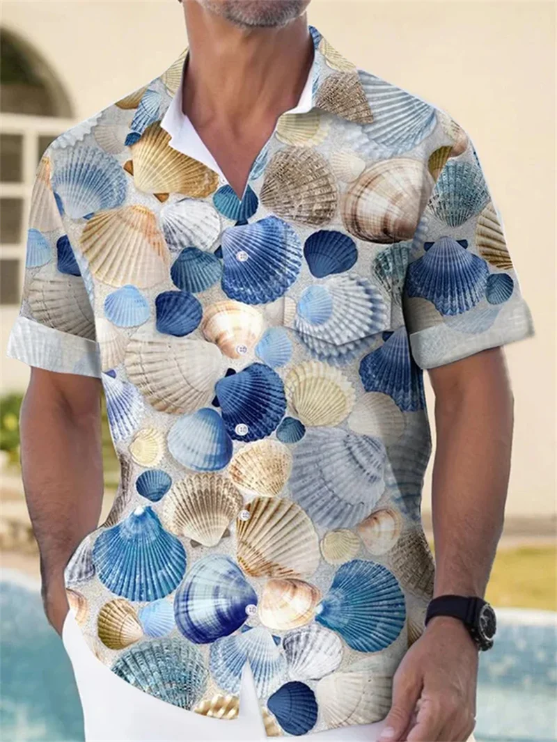 Men's shirt, ocean animal print clothing, beach vacation Hawaiian shirt, casual lapel, fashionable short sleeved top, 2025
